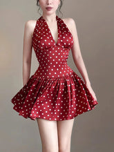 Elegant Ruched Polka Dots Print Halter Off Shoulder Backless Ruffles Mini Dress