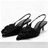 Elegant Satin Pleated Bow Pumps Pointed Toe Slingback Kitten Heel