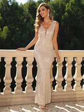 Elegant Sequin Deep V-neck Open Back Mermaid Maxi Dress