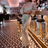 Elegant Sequin Lantern Sleeve Tops Pullover High Waist Pant 2 Piece Suit