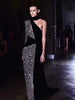 Elegant Sequin Patchwork Halter Neck One Shoulder Long Sleeve Maxi Dress