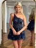Elegant Sequined One Shoulder Sparkly Lace Applique Homecoming Ruffle Tiered Bodycon Mini Dresses