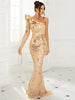 Elegant Sequined Ruffle One Shoulder Floor Length Long Sleeve Evening Event Maxi Dress