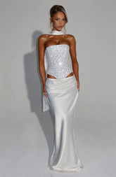 Elegant Sequins Sparkle Scarf Collar Crop Tops And Maxi Skirt Club Party Satin Skirt Matching Set