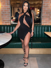 Elegant Skinny Elastic Hollow Ribbon Halter Backless Bodycon Mini Dress