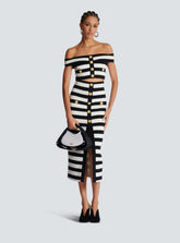 Elegant Slash Neck Striped Button zipper Office Lady 2 Pieces Bodycon Bandage Mid-calf Dress
