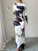 Elegant Slim Fit Printed Slanted Shoulder Long Sleeved Maxi Dress