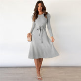 Elegant Solid Color Sash Puff Sleeve Knitted Dress