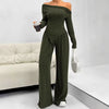 Elegant Solid Slash Neck Long Sleeve T Shirt High Waist Pants Two Piece Set