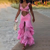 Elegant Solid V-Neck Hollow Out Backless Tank Top Layered Pleated Long Skirt 2 Piece Set