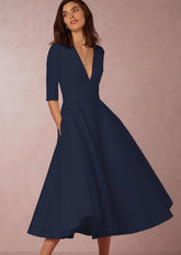 Elegant Solid V neck Half Sleeve Daily Casual Medium-length Dress