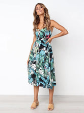 Elegant Spaghetti Strap Sleeveless Buttons Up Striped Flower A Line Midi Dresses