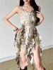 Elegant Spaghetti Strap Tassel Ruched Backless Bandage Halter Tie Dye Mini Dress