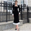 Elegant Square Collar Puff Sleeve Patchwork Slim Vintage Pleated Maxi Dresses
