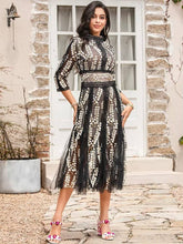 Elegant Stand Collar High Waist Embroidery Midi Dress
