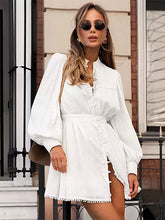 Elegant Stand Collar Long Sleeve Puff Sleeve Shirt Belted Mini Dress