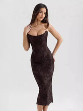 Elegant Strapless Printed Sleeveless Lace With Sheer Backless Midi Dress