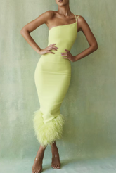 Elegant Strapless Sleeveless Spaghetti Strap Feather Backless Bodycon Midi Dress