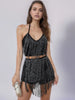 Elegant Tassel Solid Sequin Mid Waist Halter Bodycon Jumpsuit