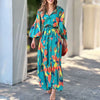 Elegant Tie-Up Lantern Sleeve Lapel Pattern Print High Street Maxi Dress