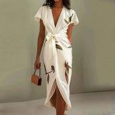 Elegant Tie-up Bow Floral Print Irregular Slim Boho V-Neck Knot Hollow Party Dresses