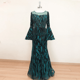 Elegant Velvet Long Sleeves Crystal Mermaid Formal Wedding Prom Party Gowns