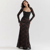 Elegant Vintage Hollow Out Lace Long Sleeve Cape 2 Piece Set Gown Slip Maxi Dress
