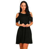 Elegant Vintage Off Shoulder Short Sleeve Loose Solid O-Neck A-Line Dress