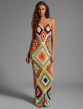 Elegant knit Firework Plaid Acrylic Beach Style Maxi Dress