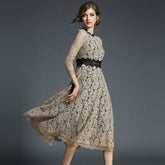 Elegant O-Neck Hollow Out Acetate Slim Office Lady Lace Midi Dress