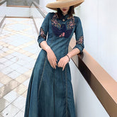 Embroidery Long Mid-Calf Denim Dresses