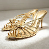 Bow Detail Cage-style Mule Sandals High-quality Metallic-effect Gold Heel