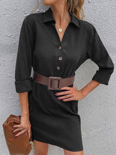 Buttons Polyester Long Sleeves Stretch V-Neck Midi Dress