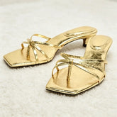 Cross Tied Kitten-Heel Sandals Unique Metallic-Effect Cracked Detail Slide Sandals Clip Toe Beach Flip-Flops