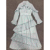 Dot Print Long Sleeve Bow Collar Cascading Ruffle Long Dress