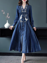 Long Maxi Embroidery Single Breasted Denim Dresses