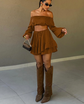 Loose Long Sleeve Crop Top With High Waist Pleated Mini Skirt Set