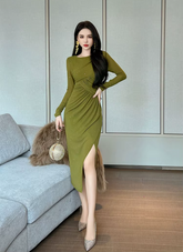 Mesh Elegant Sequin O-Neck Folds Party Prom Robe Long Dress