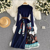 Print Long Sleeve Belt Sweater Dress