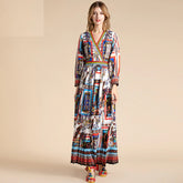 Runway V-Neck Striped Pleated Vintage Bohemian Long Dress