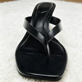 Square-toe Wedge Sandals Black Soft Leather PU Clip Toe Flip-flops Holiday Beach Slide Sandal Zapatos Mujer