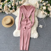 V Neck Long Sleeves Sweater Streetwear Midi Dress