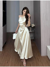 Vintage Satin French Fold Hollow Out Elegant Prom Slim Casual Midi Dresses