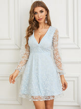 Floral Pattern Mesh Stitch Long Sleeve V-neck Dress
