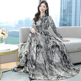 Floral Print Casual Long Sleeve Chiffon Bohemian Long Dress