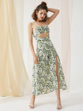 Floral Print Cut Out Open Back Slit Midi Dress