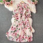 Floral Print Dress for Women Lace-up Gentle Dresses Lantern Sleeve