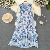 Floral Print Flare Sleeve Stand Collar Female Chiffon Maxi Dress