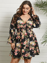 Floral Print Shirring Tie-up Long Sleeve Dress