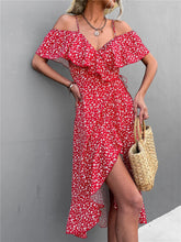 Floral Print Sling Elegant Spaghetti Irregular Ruffle Hem Slit Dress